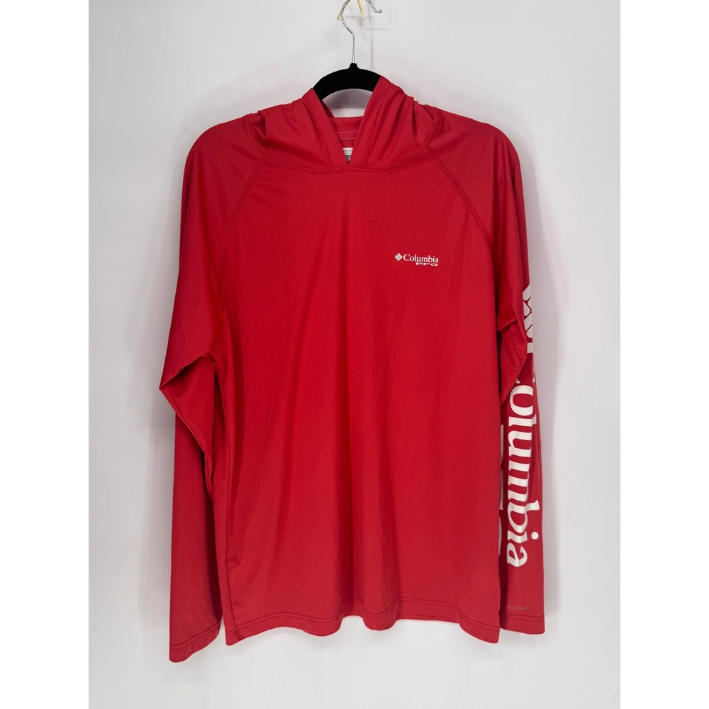 Columbia Hoodie Mens Medium Red EUC PFG Sun Shirt Long Sleeve Logo Outdoors